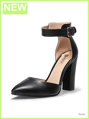IDIFU Women's Chunky Heels Pumps Pointed Toe Ankle Strap Dress Shoes